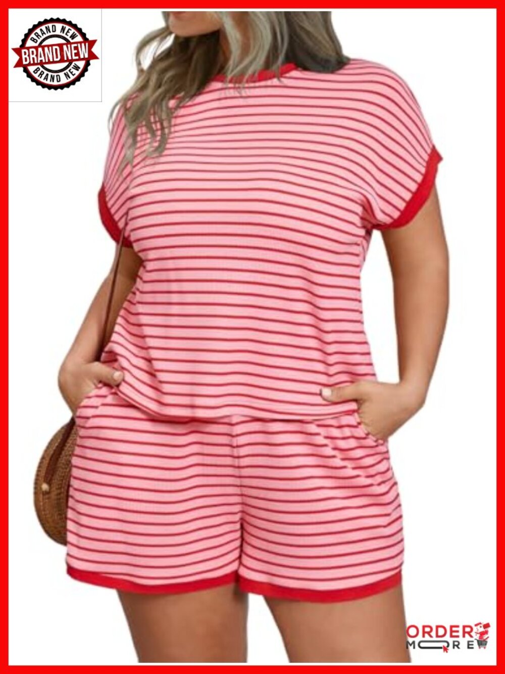 Plus Size Lounge Set 2 Piece Striped Short Sleeve Top & Shorts Pajama Set